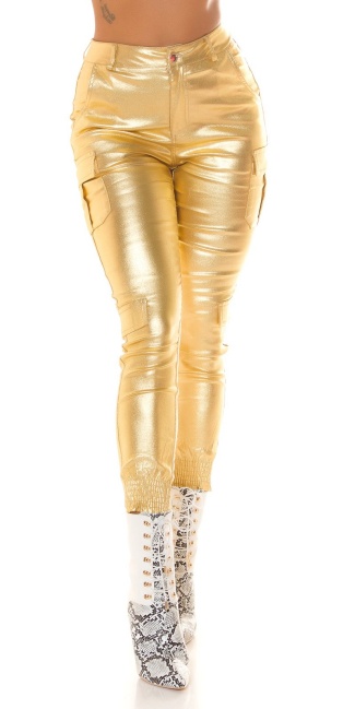 Trendy Metallic Look Cargo Pants Gold